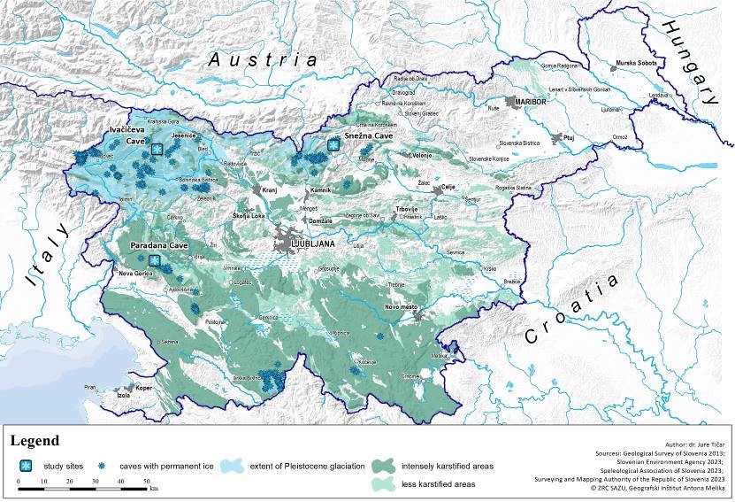 Map 1: The selected caves are located in the Julian Alps, Kamnik-Savinja Alps and Trnovski Gozd Plateau (author: Jure Tičar).