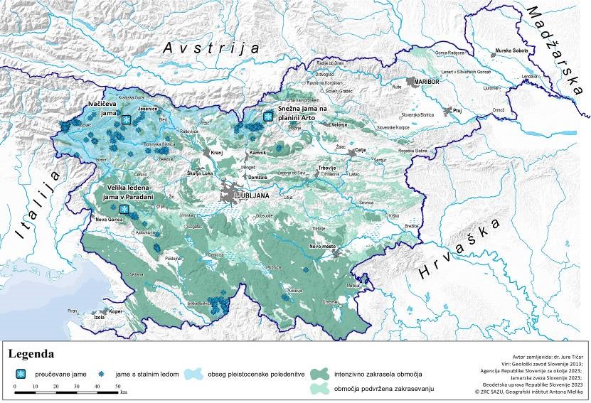 Zemljevid 1: Izbrane preučevane jame obsegajo območje Julijskih Alp, Kamniško-Savinjskih Alp ter Trnovskega gozda.